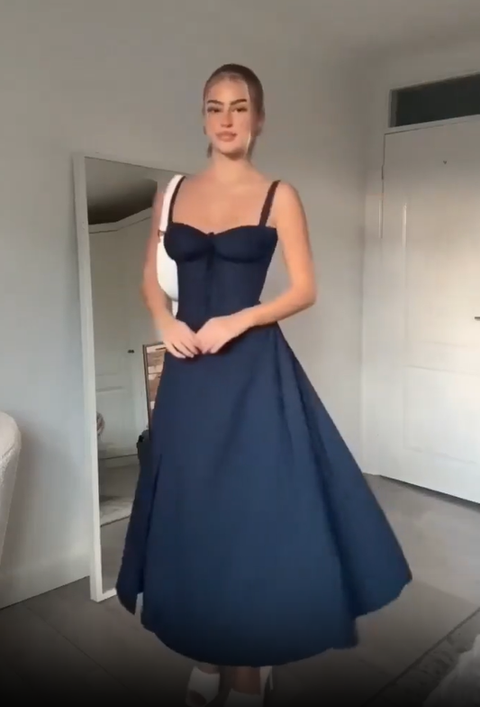 Cute A Line Satin Party Dress Navy Blue Slit Prom Evening Dress cc2202