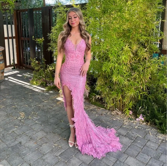 Luxurious Pink Mermaid Slit Lace Appliques Feathers Evening Dress Formal Prom Dress  cc2340