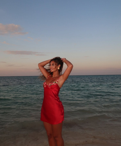 Pretty Spaghetti Straps Red Satin Appliques Short Party Dress Graduation Homecoming Dress cc3390