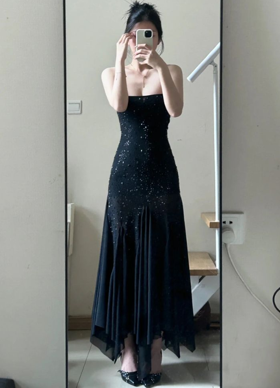 Sexy Black Rhinestone Mermaid Prom Dress Spaghetti Straps Chiffon Evening Dress cc2404