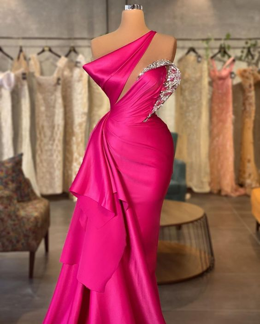 Women's Fuchsia One Shoulder Satin Pleated Evening Dress Long Party Gowns Special Occasion Dresses cc734