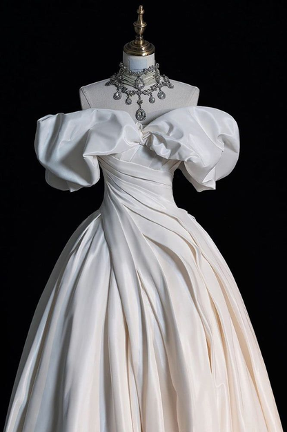 White  Off the Shoulder Puffy Wedding Dress, Floor Length Satin Bridal Dresses cc1156