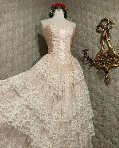 Strapless Lace Layered A Line Prom Dress Elegant Ball Gown cc2736