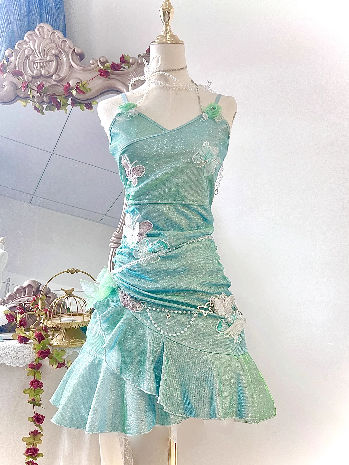 Classy Mini Green Spaghetti Straps Short Ruffle Birthday Dress 8th Grade Homecoming Dress cc3213