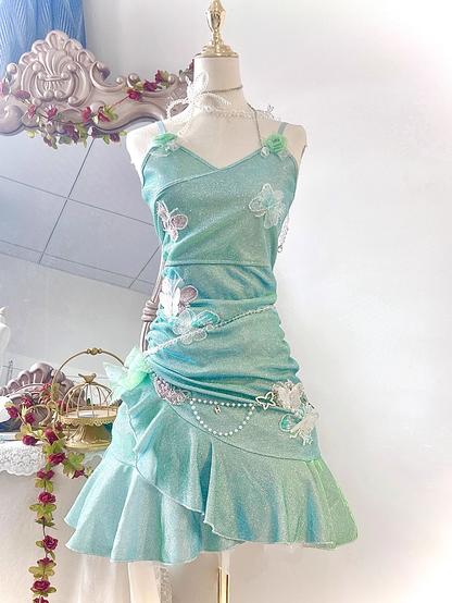 Classy Mini Green Spaghetti Straps Short Ruffle Birthday Dress 8th Grade Homecoming Dress cc3213