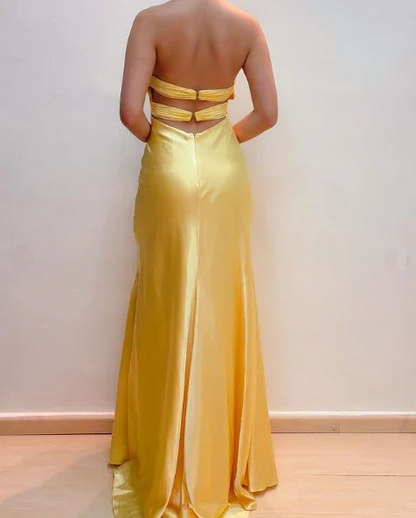 Yellow Halter Satin Beaded Mermaid Prom Dress，Slit Long Party Evening Dress cc2868