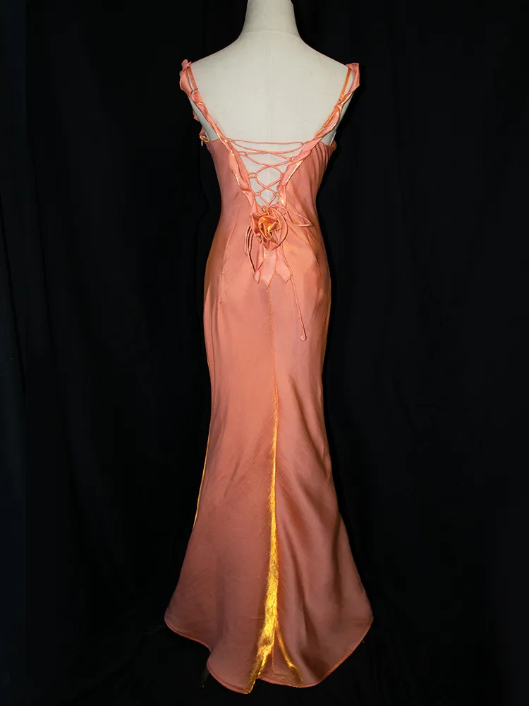 Charming Peach Pink Floral V-Neck Evening Gown Vintage Mermaid Prom Dress cc2670