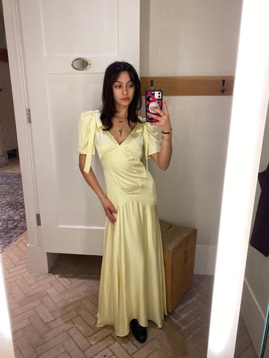 Cute Yellow V Neck Satin Mermaid Evening Dress,Puff Sleeves Prom Party Gown cc2911
