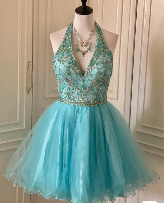 Vintage Blue Halter Tulle Beaded A Line Short Party Dress Formal Homecoming Dress cc3174
