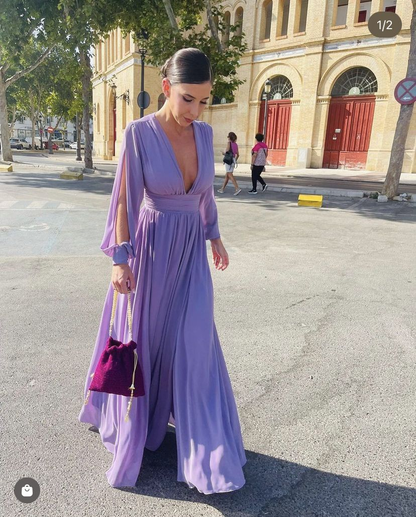 Light Purple A-line Deep V Neck Prom Dress,Light Purple Evening Dress  cc719