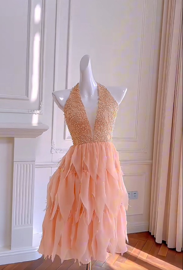 Charming Halter Orange Chiffon Beaded Homecoming Dress Birthday Outfits cc3167