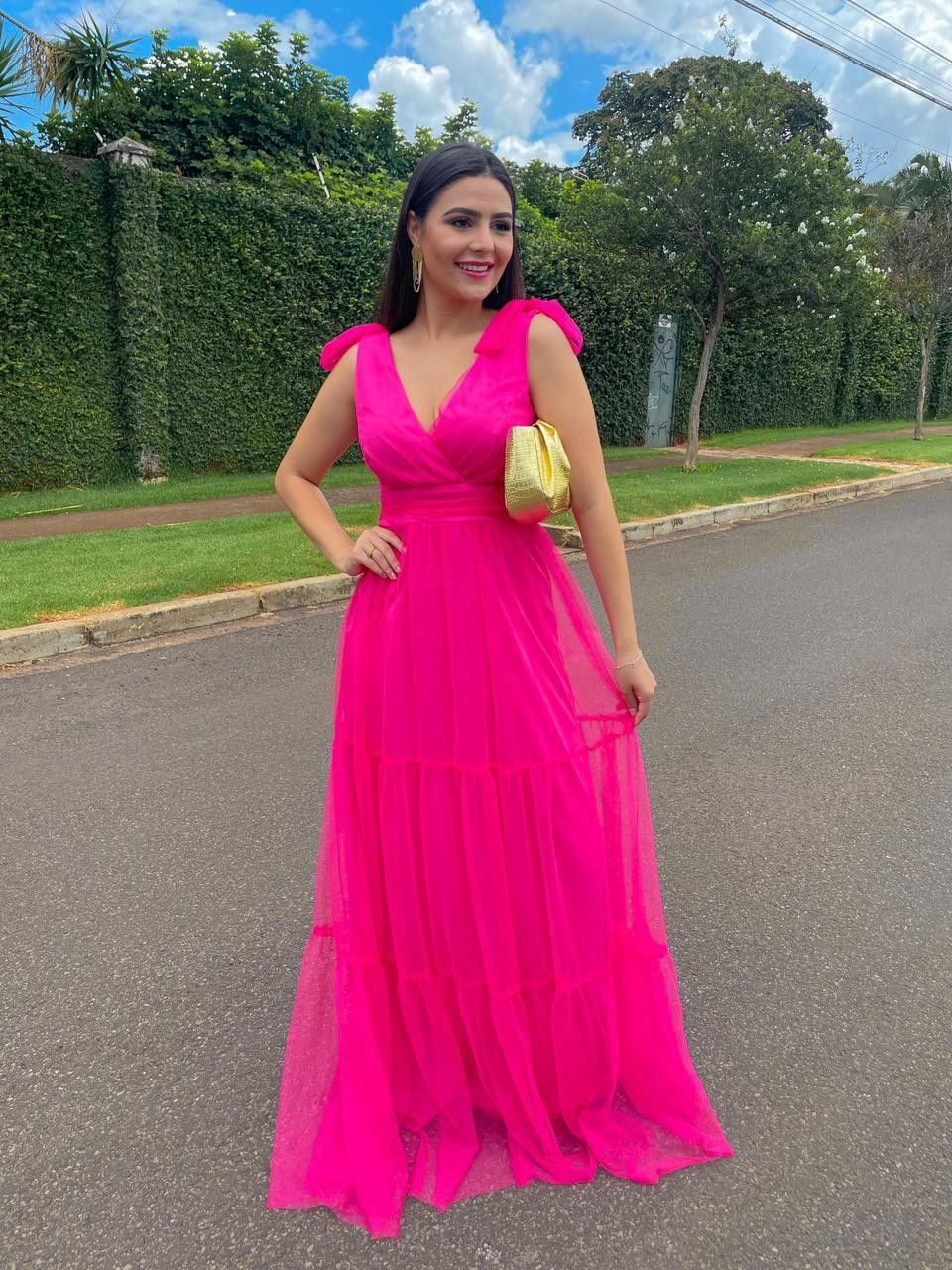 Hot Pink A-line V Neck Prom Dress,Hot Pink Spring Dress  cc716