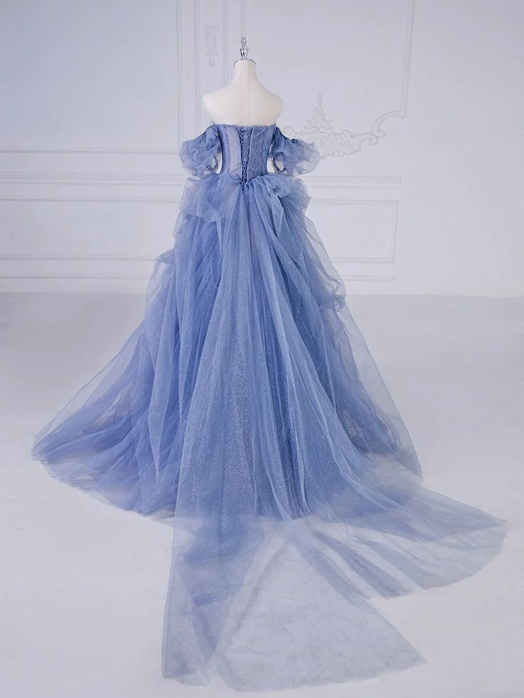 Elegant Blue Tulle Beaded Evening Dress Long Prom Dress  cc2240