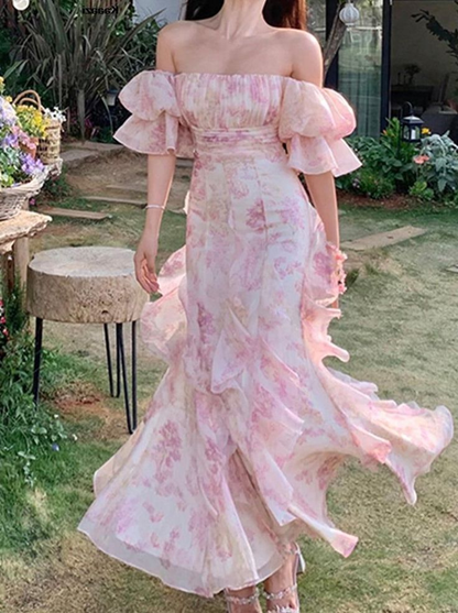 Pretty Chiffon Print Flowers Pink Prom Dress Long Party Evening Dress cc2363