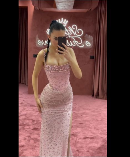 Gorgeous Pink Beaded Mermaid Slit Prom Dress Evening Dress cc2500