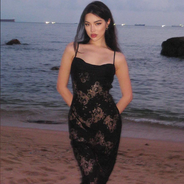 Sexy Black Mermaid Lace Slit Long Prom Dress  Spaghetti Strap See-through Evening Dress cc2435