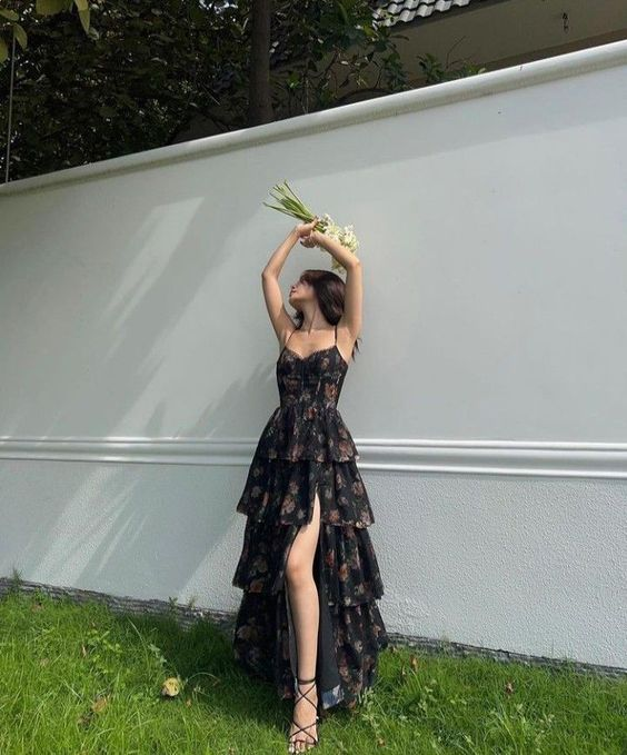 Beautiful Black Chiffon Print Floral Party Dress A Line Slit Layered Evening Dress cc1864