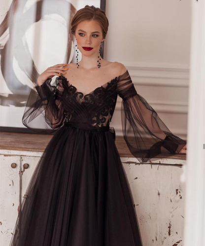 Elegant Black Off-shoulder Tulle Lace Top A-line Ankle-length Prom Dress C2381