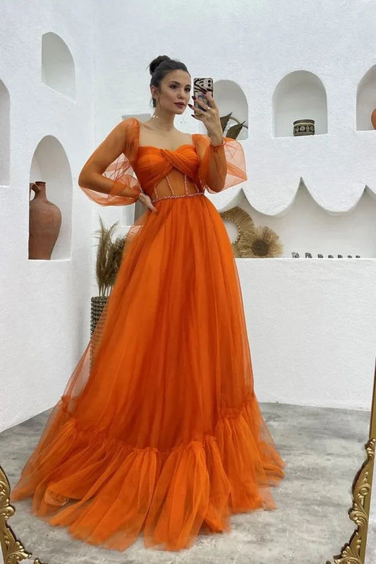 A Line Tulle Orange Long Sleeves Long Prom Dress Long Evening Dress cc1280