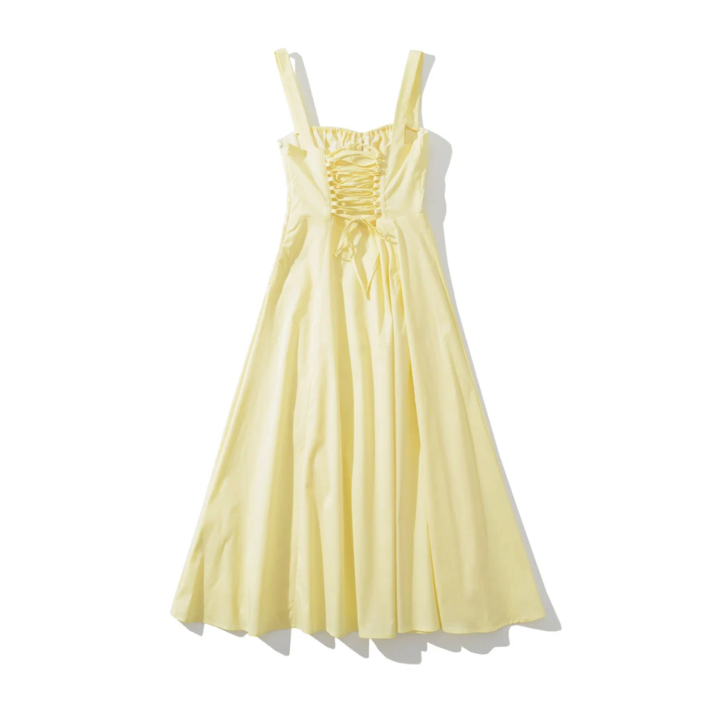Yellow Ruched Bow Backless Sexy Midi Prom Dress cc669