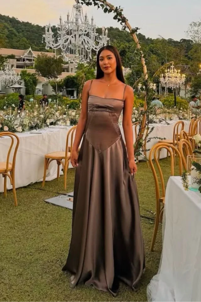 Vintage Brown Spaghetti Straps Prom Dress Long A Line Satin Party Evening Dress cc1473