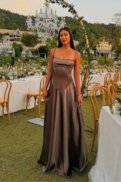 Vintage Brown Spaghetti Straps Prom Dress Long A Line Satin Party Evening Dress cc1473