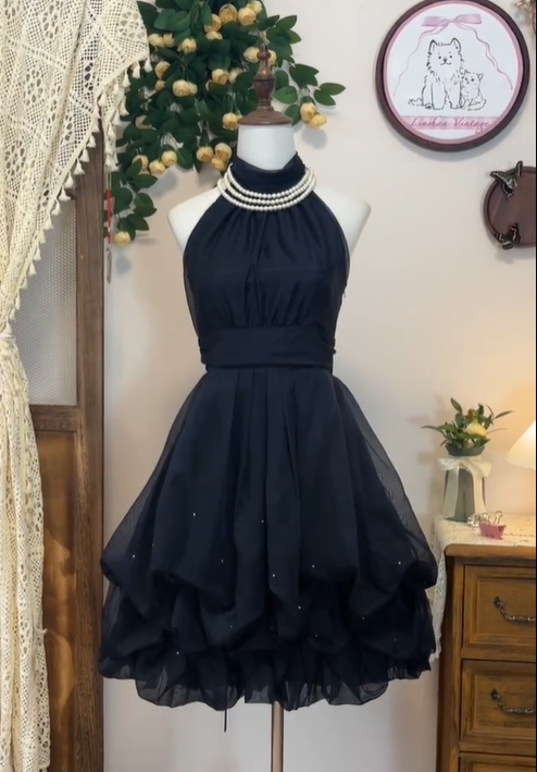 Simple Black Halter Tulle A Line 7th Grade Homecoming Dress Cocktail Dress cc3256