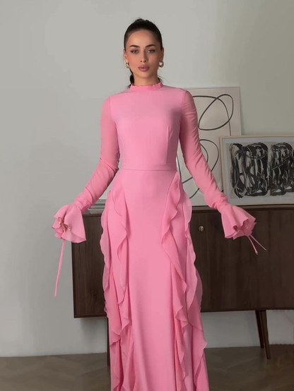 Pink Chiffon Ruffles Long Party Evening Dress cc2398