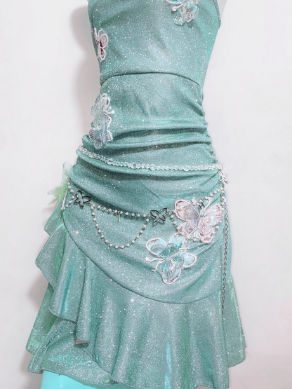 Classy Mini Green Spaghetti Straps Short Ruffle Birthday Dress 8th Grade Homecoming Dress cc3213