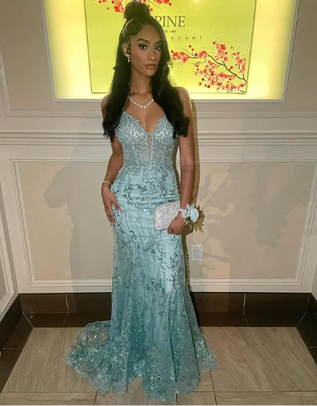 Charming Spaghetti Straps Tulle Lace Mermiad Prom Dress Blue V Neck Prom Evening Gown cc2445