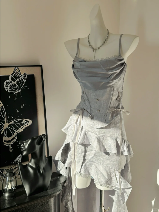 Cute Spaghetti Straps Satin Lace Ruffles A Line Homecoming Dress Formal Birthday Outfits cc3225