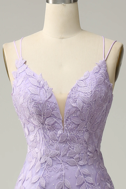 Purple Spaghetti Straps Mermaid Long Prom Dress With Appliques cc1257