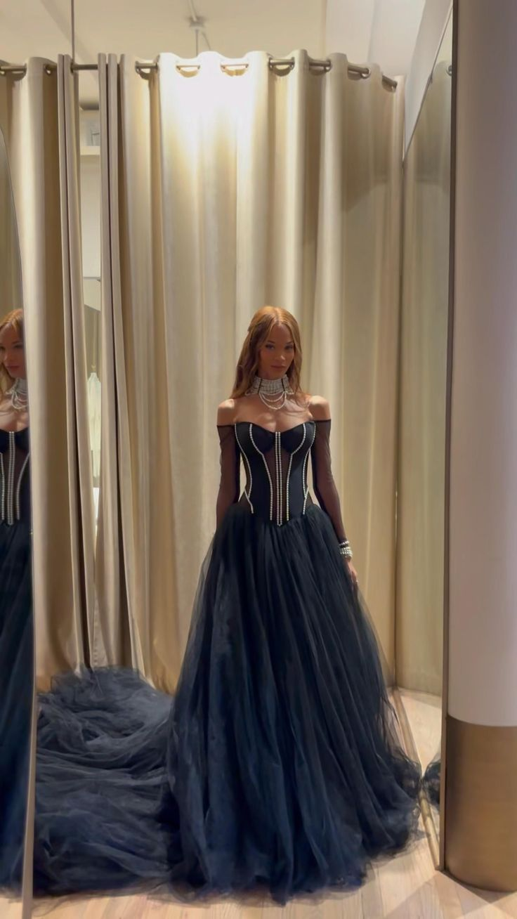 Elegant Off The Shoulder Tulle Beaded Long Evening Dress,Navy Blue Party Prom Dress cc2830