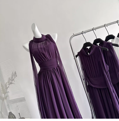 Retro Purple Halter Chiffon Long Vacation Dress Birthday Dress cc3054