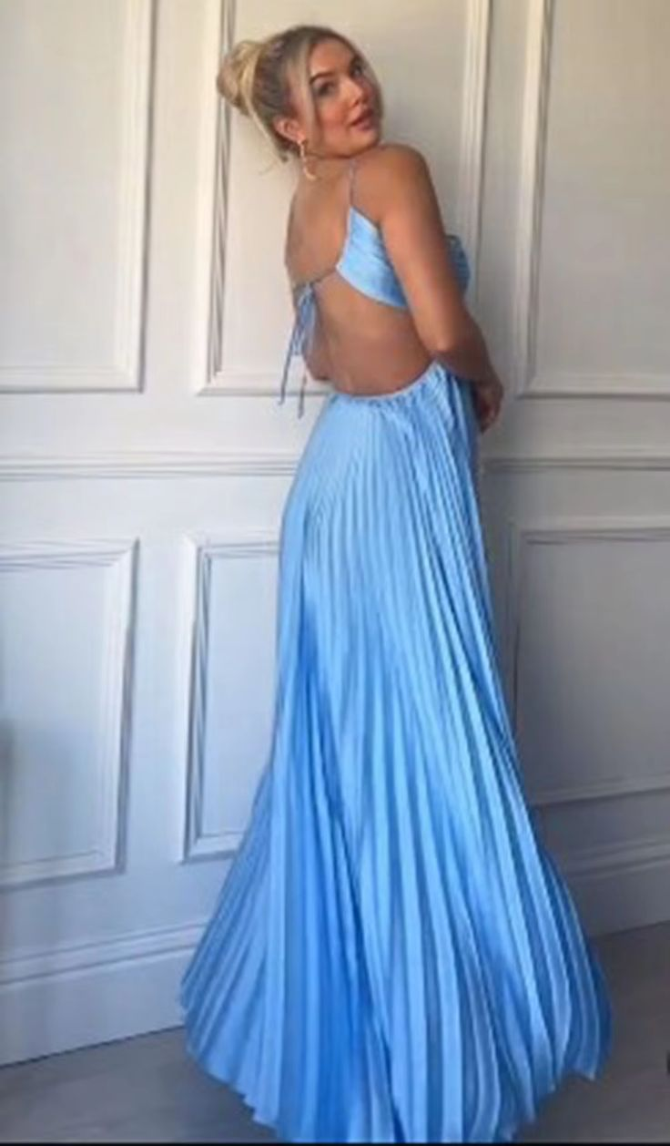 Halter Blue Pleated Long Prom Dress Formal Evening Dress cc2375