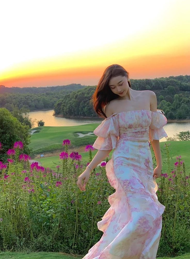 Pretty Chiffon Print Flowers Pink Prom Dress Long Party Evening Dress cc2363