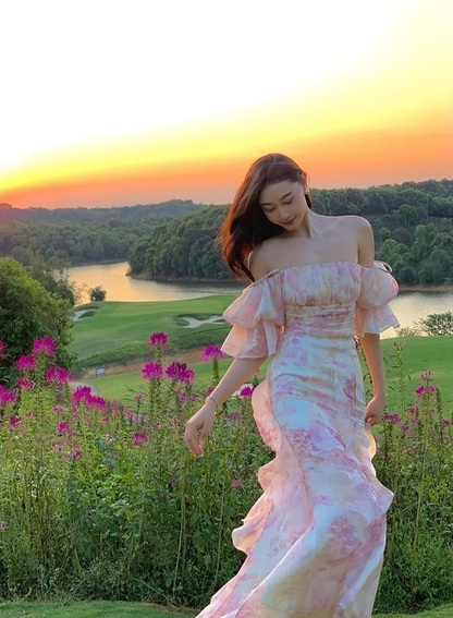 Pretty Chiffon Print Flowers Pink Prom Dress Long Party Evening Dress cc2363