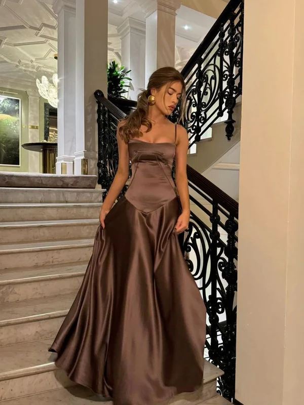 Vintage Brown Spaghetti Straps Prom Dress Long A Line Satin Party Evening Dress cc1473