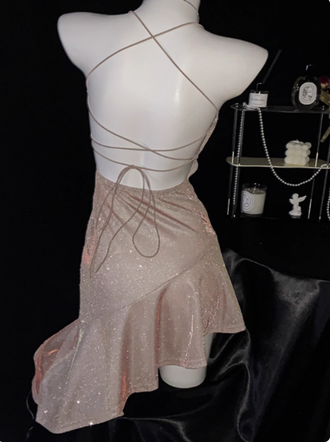 Simple Pink Spaghetti Straps Ruffles Short Homecoming Dress Cocktail Dress cc3280