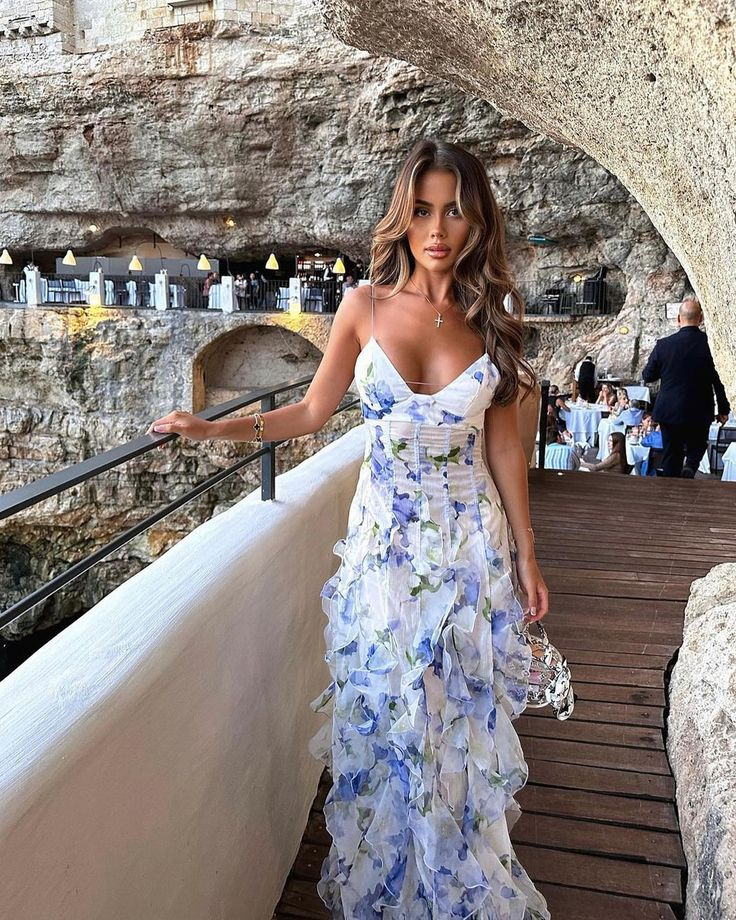 Unique Floral Ruffles Prom Dress Blue Party Evening Gown cc2196