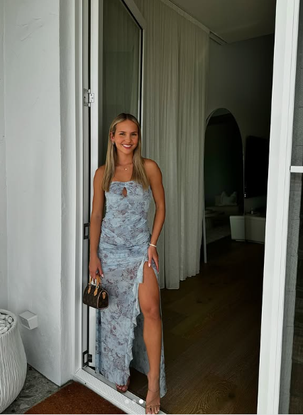 Blue Chiffon Print Floral Evening Dress,Long Slit Ruffles Party Prom Dress cc2705