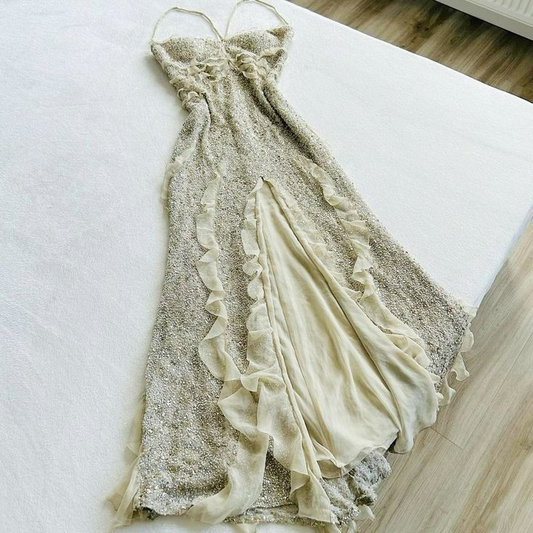 Vintage Sequin Beaded Long Evening Prom Dress Slit Ruffles Party Gown cc2044