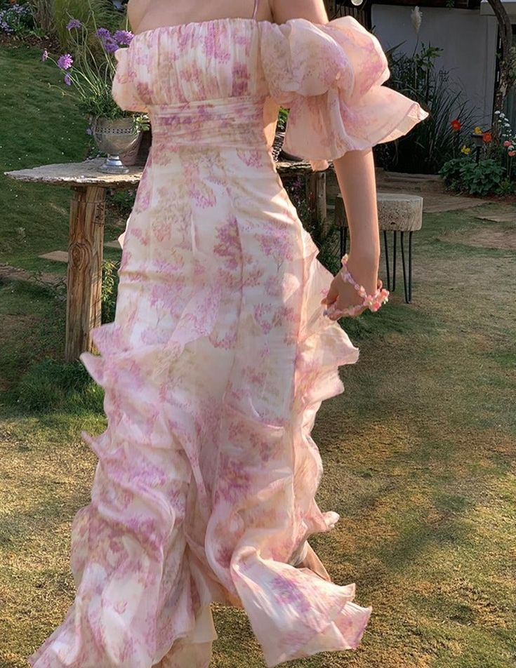 Pretty Chiffon Print Flowers Pink Prom Dress Long Party Evening Dress cc2363