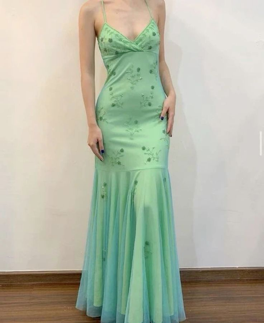 Classy Mermaid Beaded Spaghetti Straps Mint Green Long Prom Dress Evening Dress cc1833