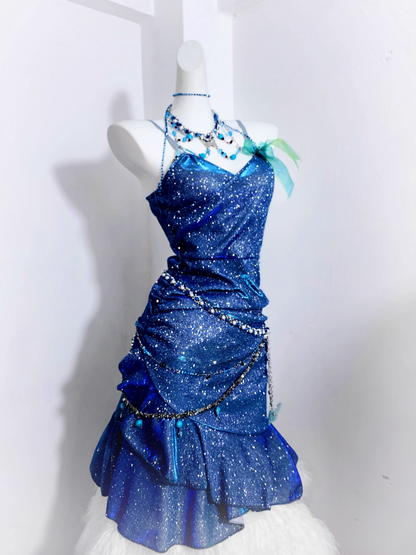 Glitter Blue Spaghetti Straps Short Ruffle Cocktail Dress Formal Homecoming Dress cc3229