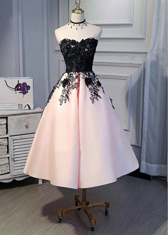 Cute Pearl Pink Tea Length Satin with Lace Applique Party Dress C57