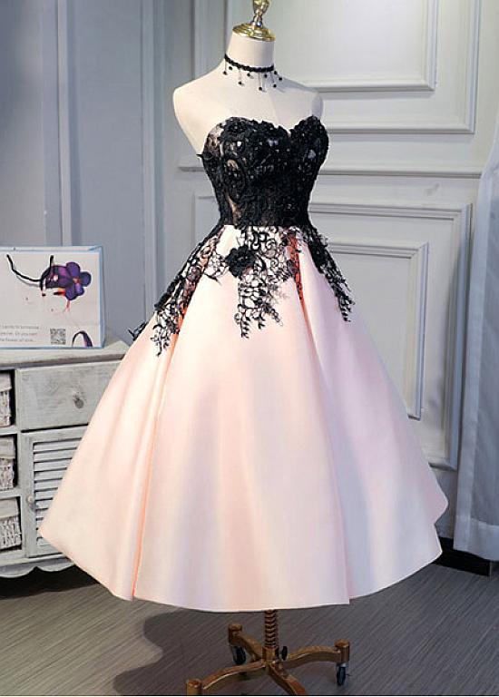 Cute Pearl Pink Tea Length Satin with Lace Applique Party Dress C57