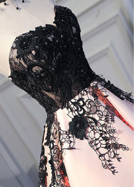 Cute Pearl Pink Tea Length Satin with Lace Applique Party Dress C57