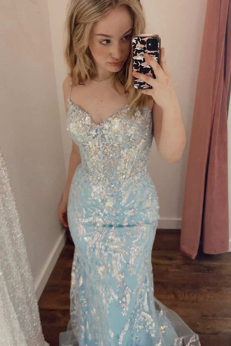 Light Blue Lace Backless Mermaid Long Prom Dress cc1015