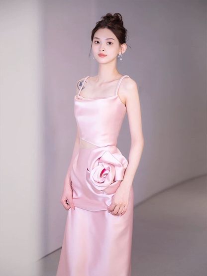 Elegant Pink Straps Sheath Prom Dress Evening Dress With Rose Flowers cc2169